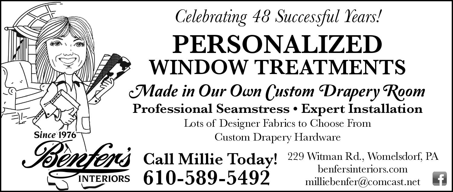 personalized window treatments advertisement, call millie for a professional seamstress and expert installation